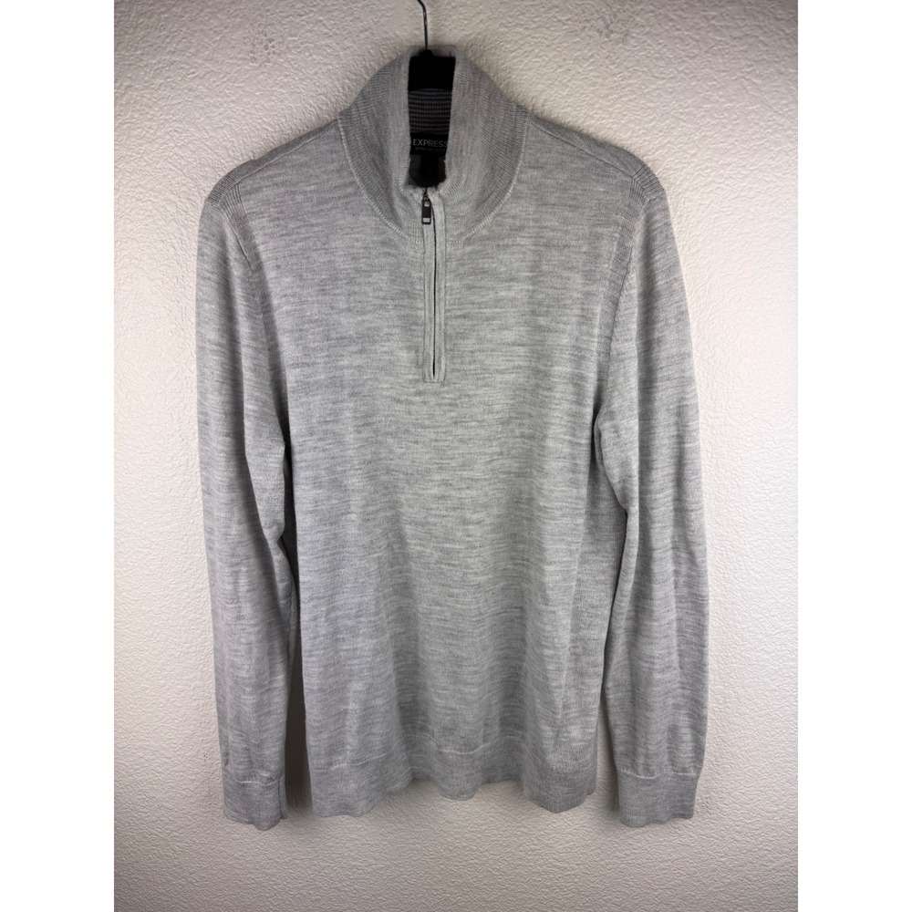 Express Mens Merino Wool Blend Gray 1/4 Zip Long Sleeve Pullover Sweater M